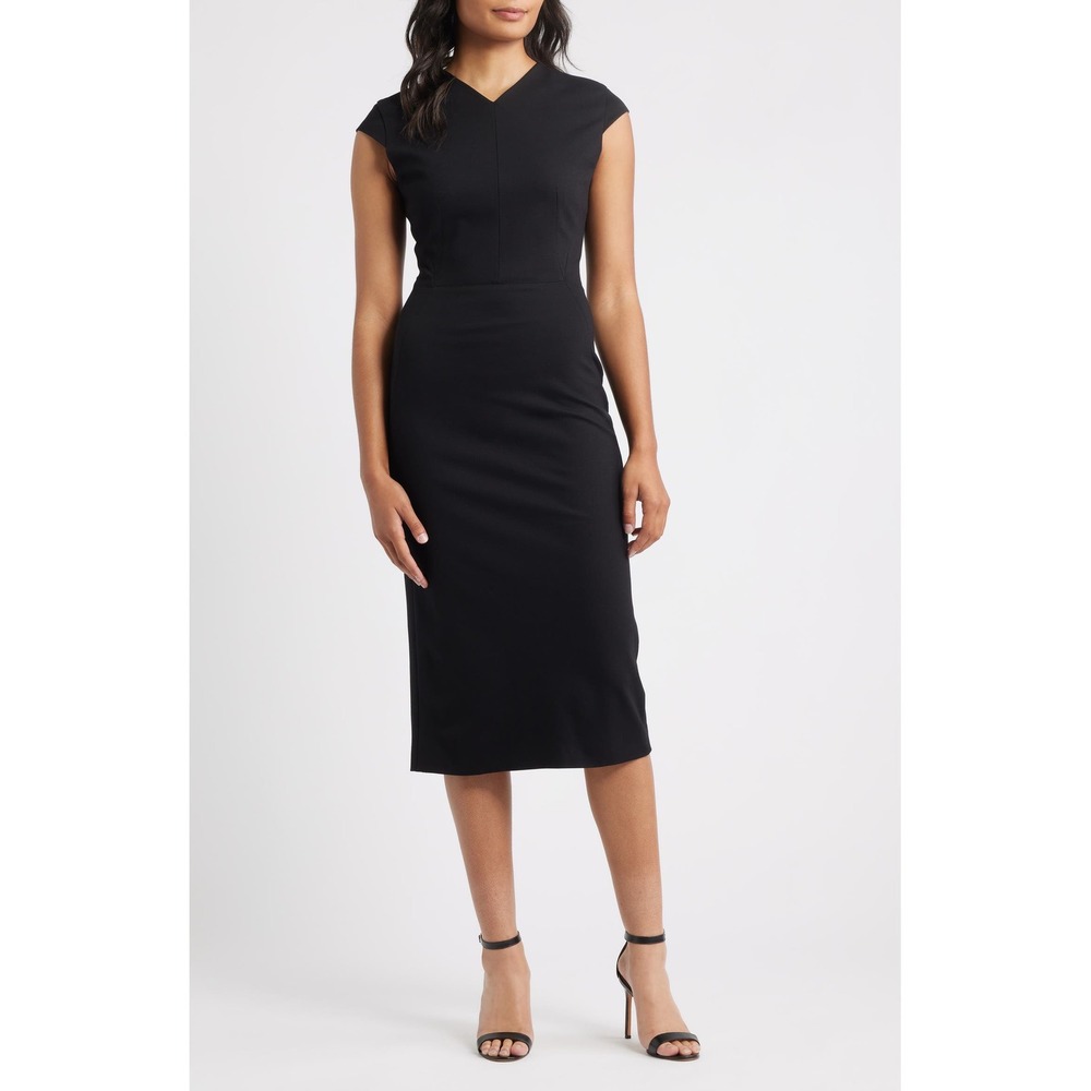 Hugo Boss Dulisa Black V-Neck Cap Sleeve Sheath Midi Dress Size US 10